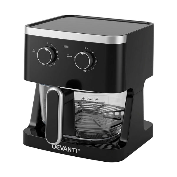 Devanti 4.5L Glass Air Fryer Kitchen Oven Knob Control 1350W Healthy Cooker Black Awezingly