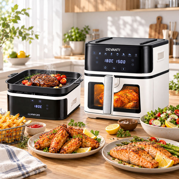 Devanti 8L Air Fryer BBQ Grill 2-in-1 Flip 1650W Touch Control Oil Free White Awezingly