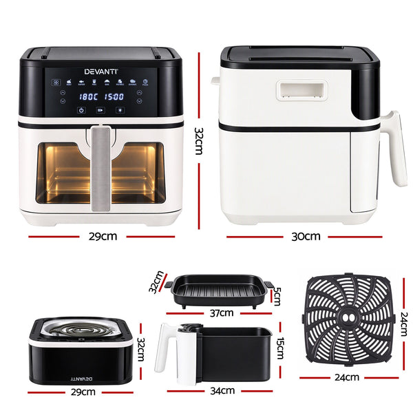Devanti 8L Air Fryer BBQ Grill 2-in-1 Flip 1650W Touch Control Oil Free White Awezingly
