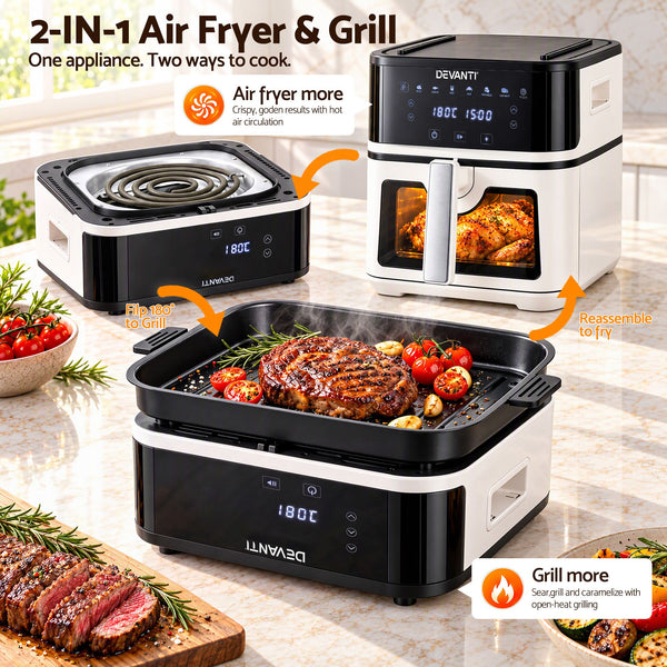 Devanti 8L Air Fryer BBQ Grill 2-in-1 Flip 1650W Touch Control Oil Free White Awezingly