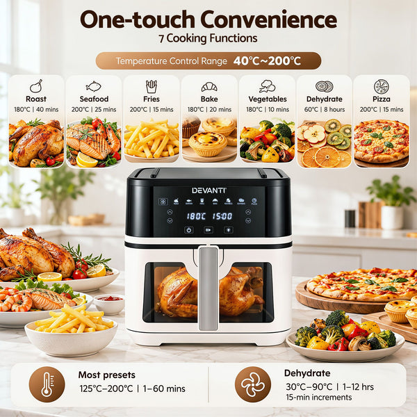 Devanti 8L Air Fryer BBQ Grill 2-in-1 Flip 1650W Touch Control Oil Free White Awezingly