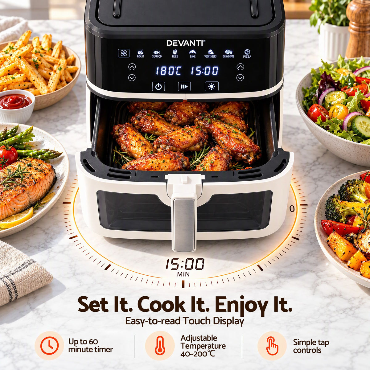 Devanti 8L Air Fryer BBQ Grill 2-in-1 Flip 1650W Touch Control Oil Free White Awezingly