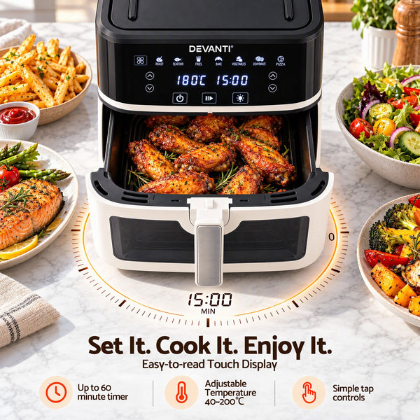 Devanti 8L Air Fryer BBQ Grill 2-in-1 Flip 1650W Touch Control Oil Free White Awezingly