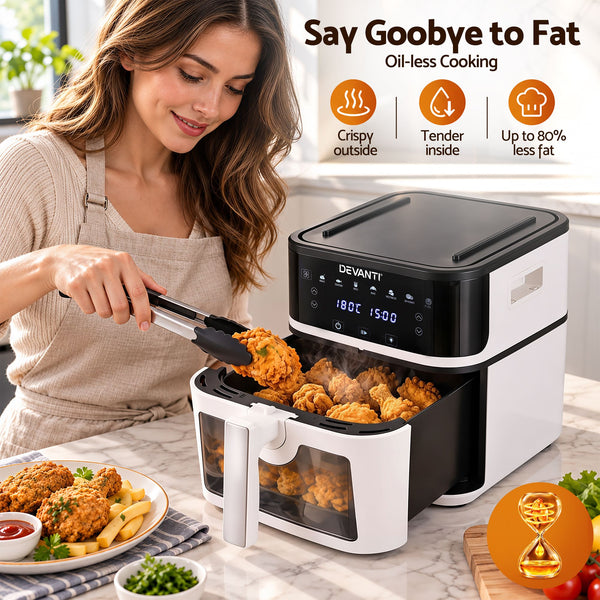 Devanti 8L Air Fryer BBQ Grill 2-in-1 Flip 1650W Touch Control Oil Free White Awezingly