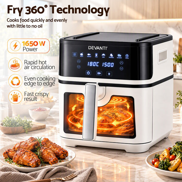 Devanti 8L Air Fryer BBQ Grill 2-in-1 Flip 1650W Touch Control Oil Free White Awezingly