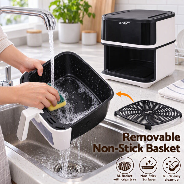 Devanti 8L Air Fryer BBQ Grill 2-in-1 Flip 1650W Touch Control Oil Free White Awezingly