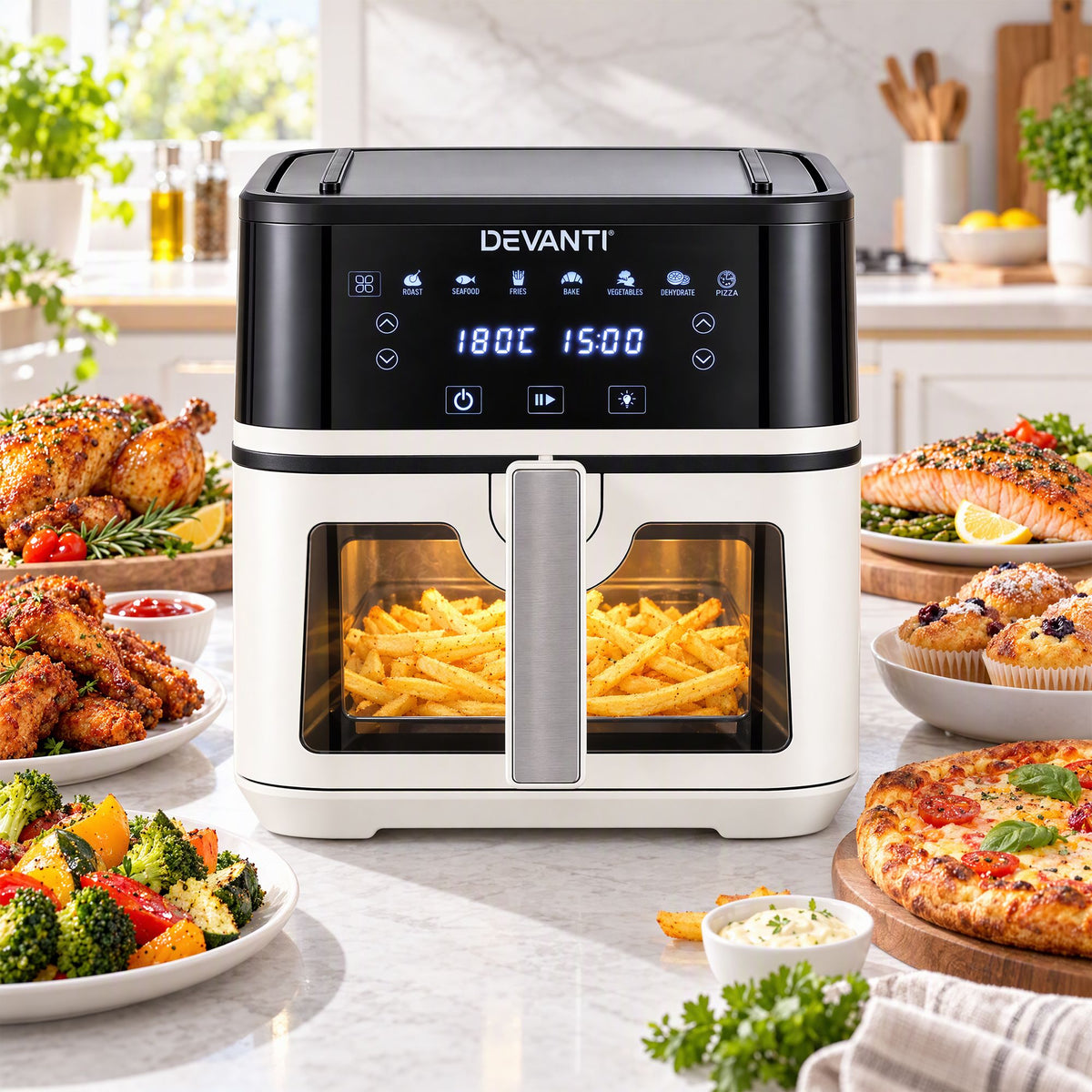Devanti 8L Air Fryer BBQ Grill 2-in-1 Flip 1650W Touch Control Oil Free White Awezingly