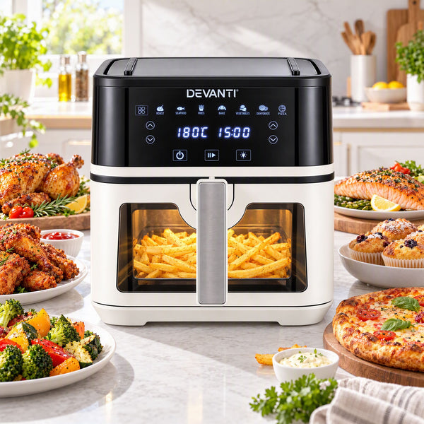 Devanti 8L Air Fryer BBQ Grill 2-in-1 Flip 1650W Touch Control Oil Free White Awezingly