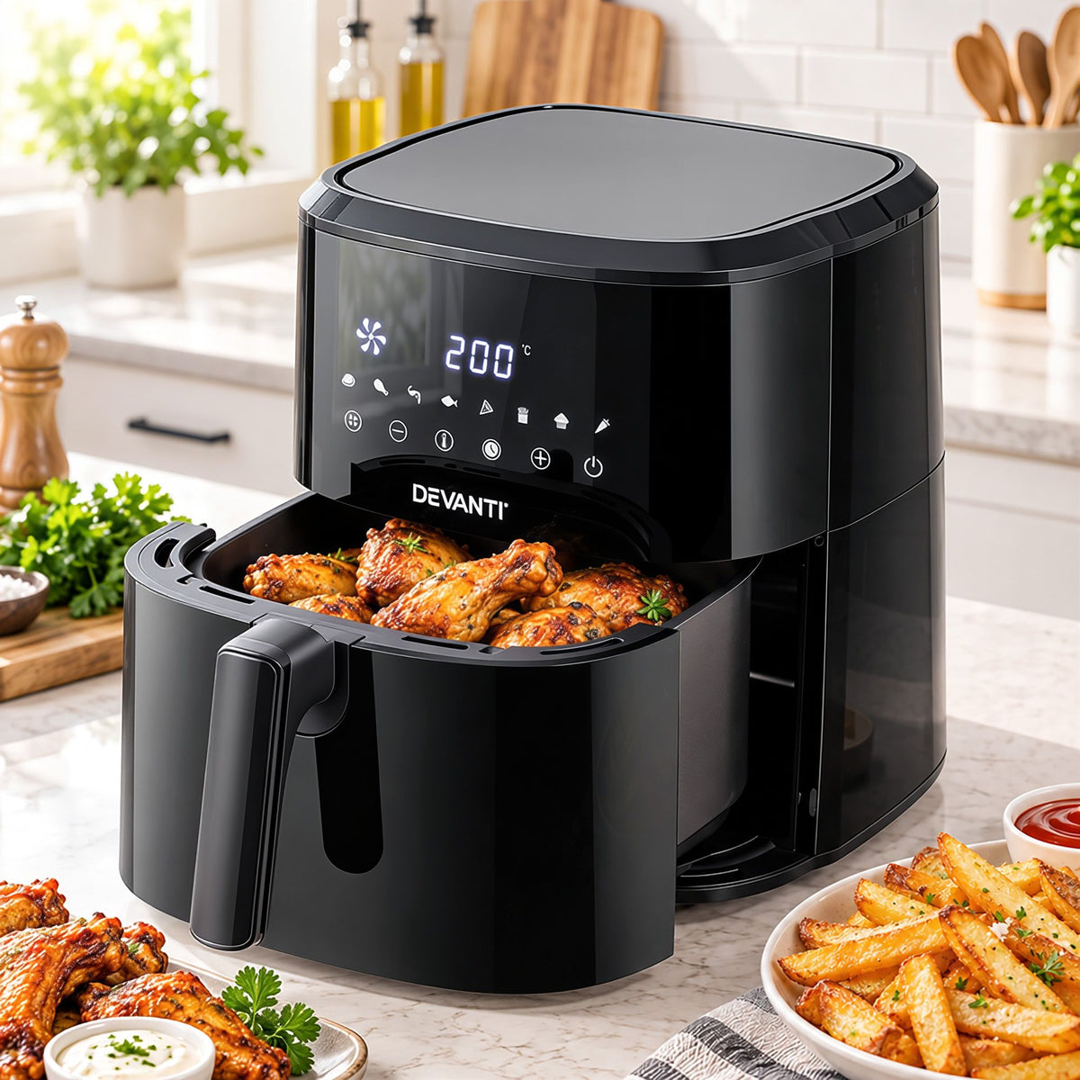 Devanti Air Fryer 6.5L 1700W Digital Touch 8 Presets Non-Stick Basket Black Awezingly
