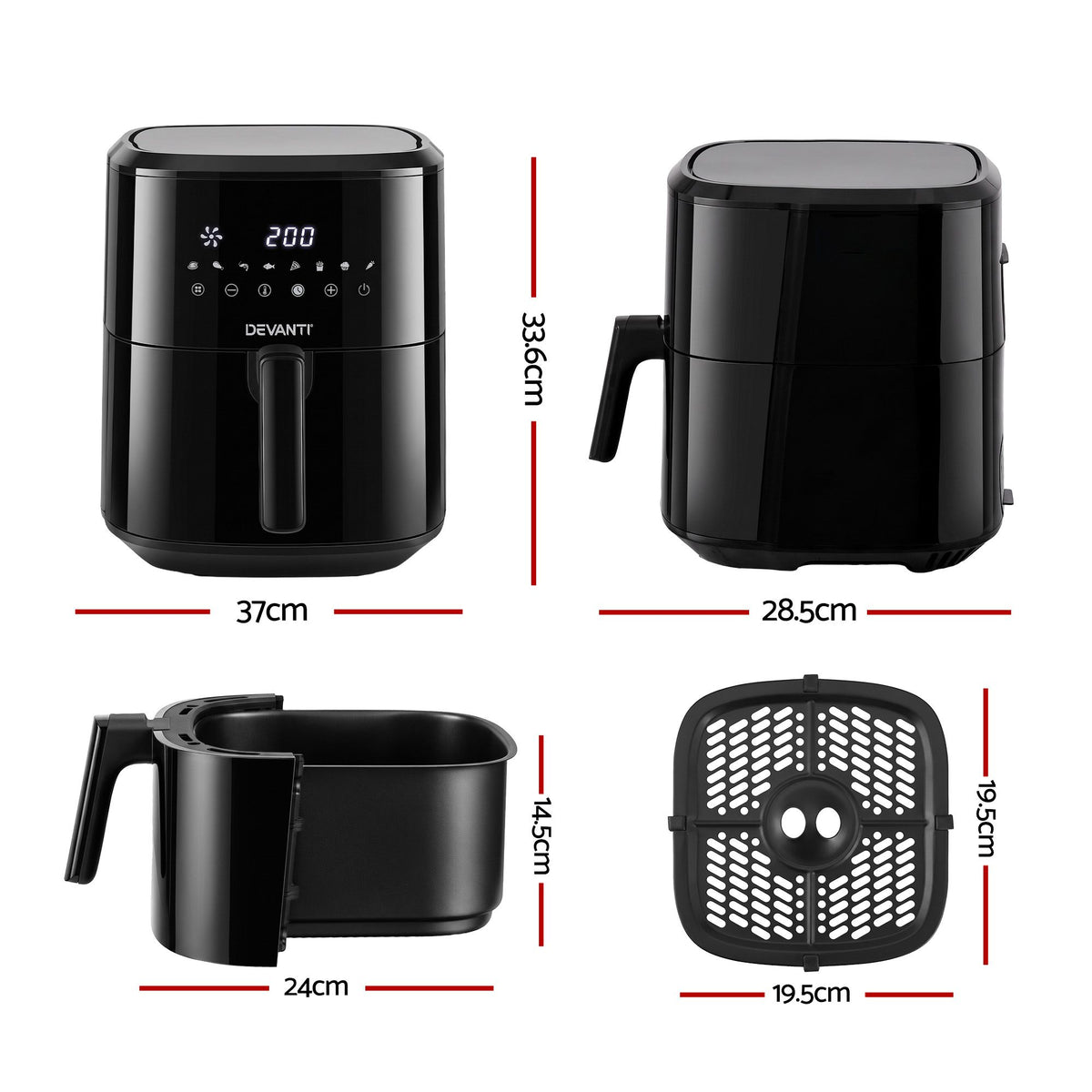 Devanti Air Fryer 6.5L 1700W Digital Touch 8 Presets Non-Stick Basket Black Awezingly