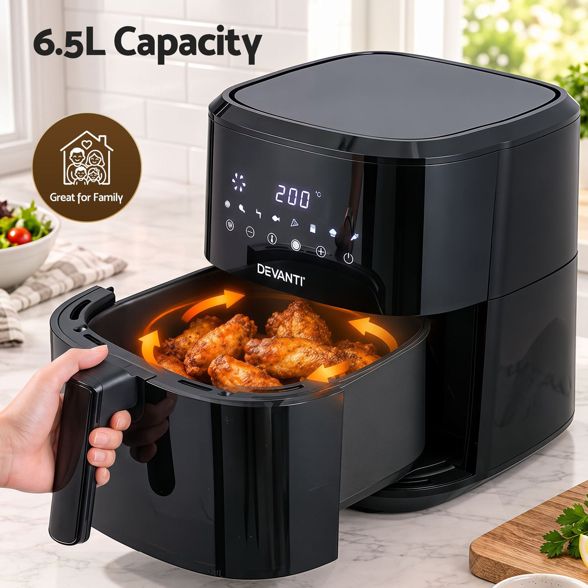 Devanti Air Fryer 6.5L 1700W Digital Touch 8 Presets Non-Stick Basket Black Awezingly