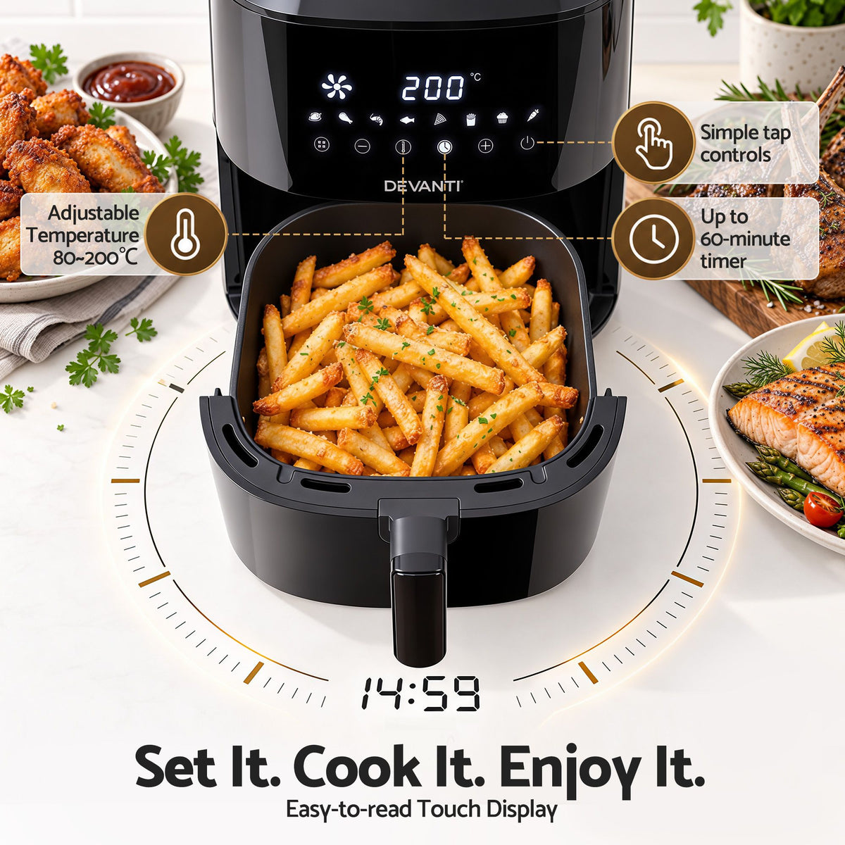 Devanti Air Fryer 6.5L 1700W Digital Touch 8 Presets Non-Stick Basket Black Awezingly