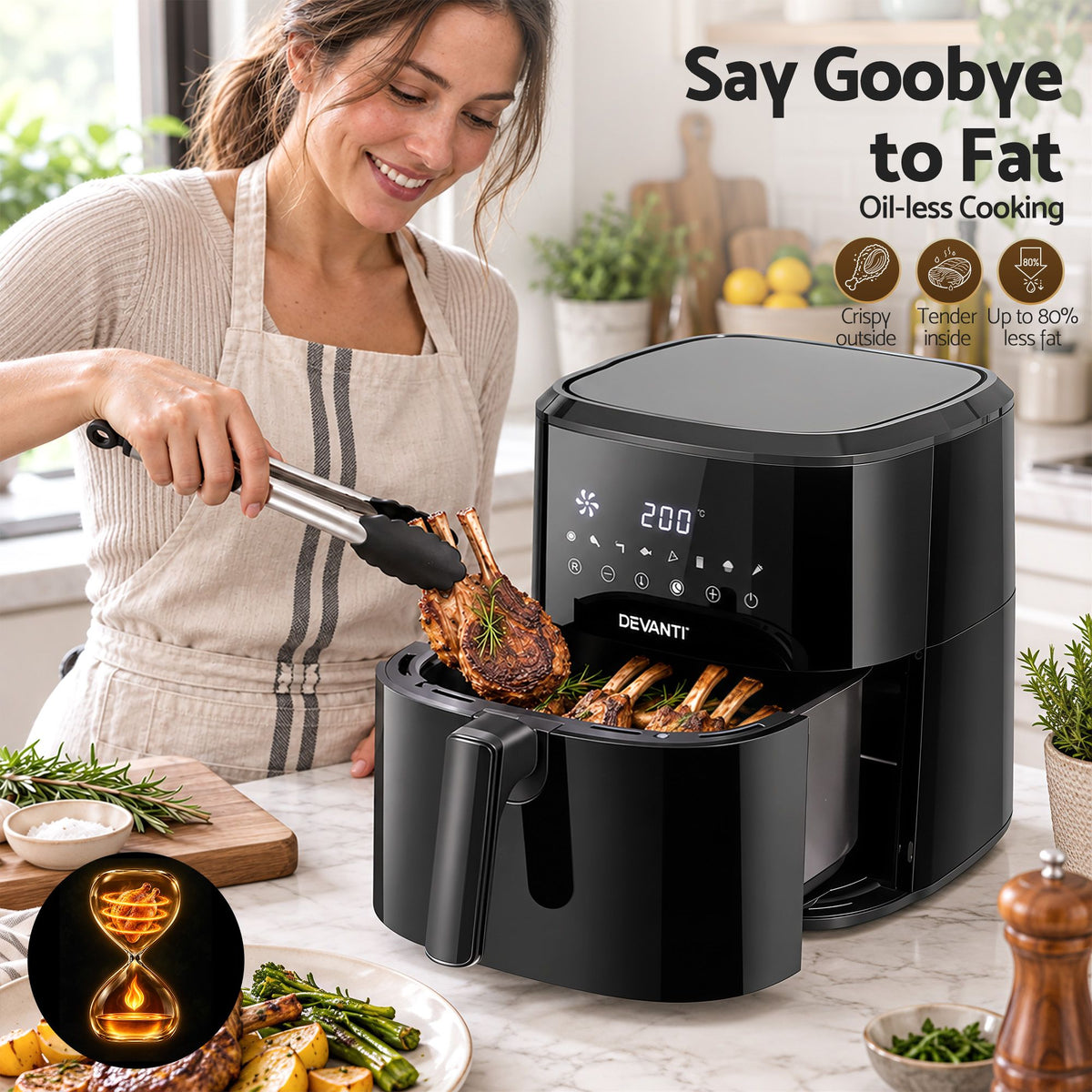 Devanti Air Fryer 6.5L 1700W Digital Touch 8 Presets Non-Stick Basket Black Awezingly