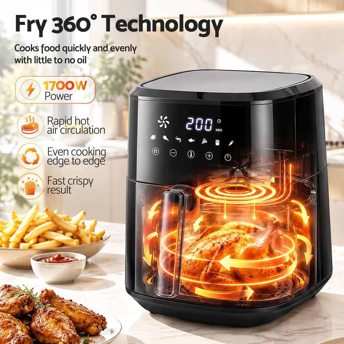 Devanti Air Fryer 6.5L 1700W Digital Touch 8 Presets Non-Stick Basket Black Awezingly