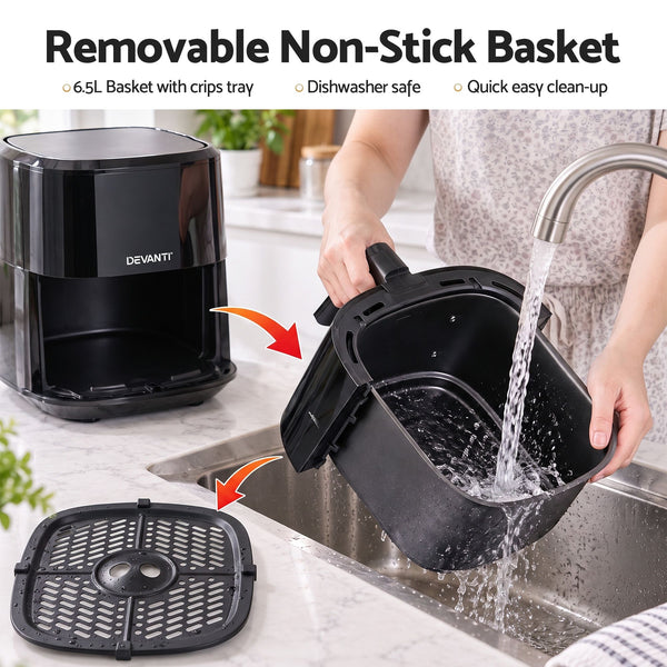 Devanti Air Fryer 6.5L 1700W Digital Touch 8 Presets Non-Stick Basket Black Awezingly