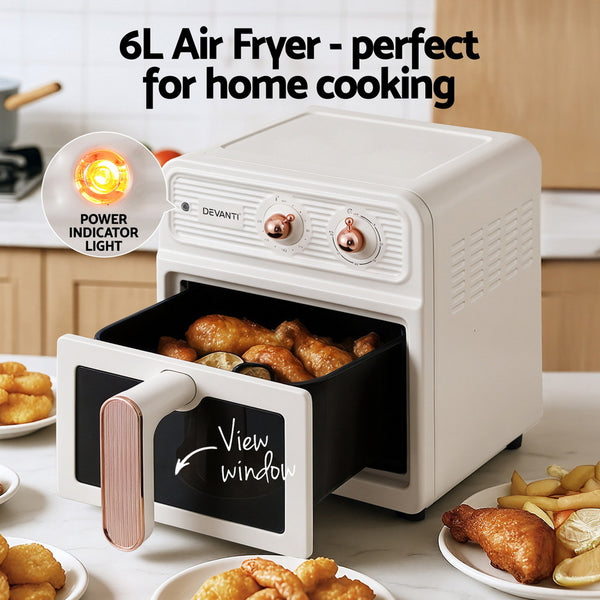 Devanti 6L Air Fryer Knob Control 1700W Cream Awezingly