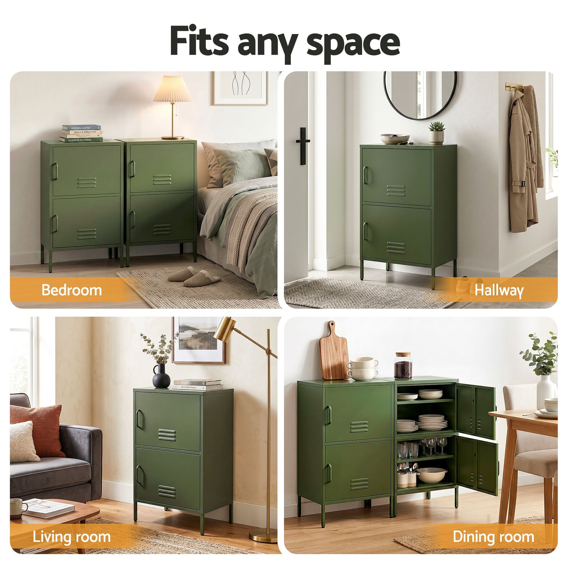 Artiss 2x Buffet Sideboard Cabinet Storage Cupboard 2 Doors Metal Green DOUBLE Awezingly