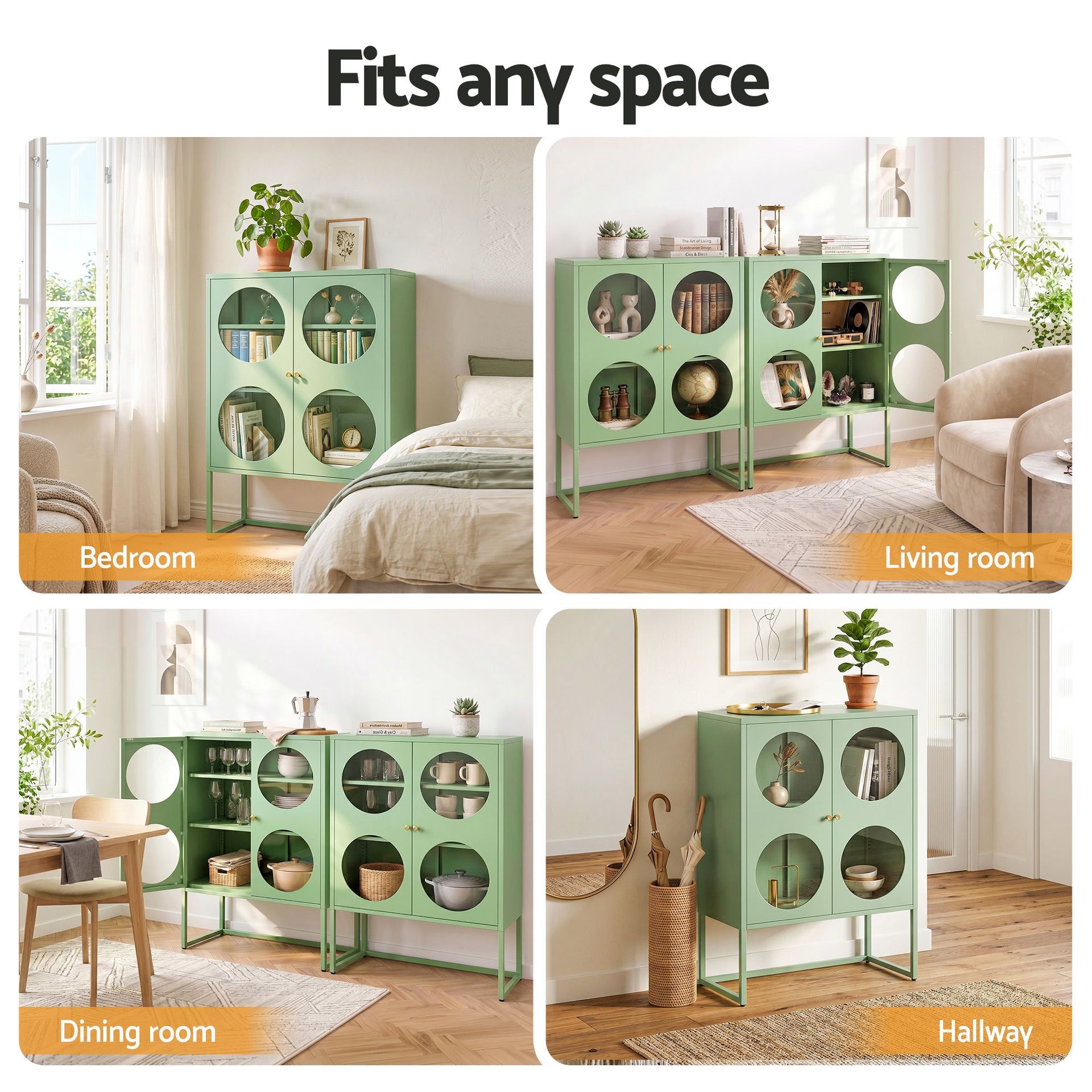 Artiss 2x Buffet Sideboard Cabinet ELLA Cupboard Storage Glass Doors Metal Green Awezingly