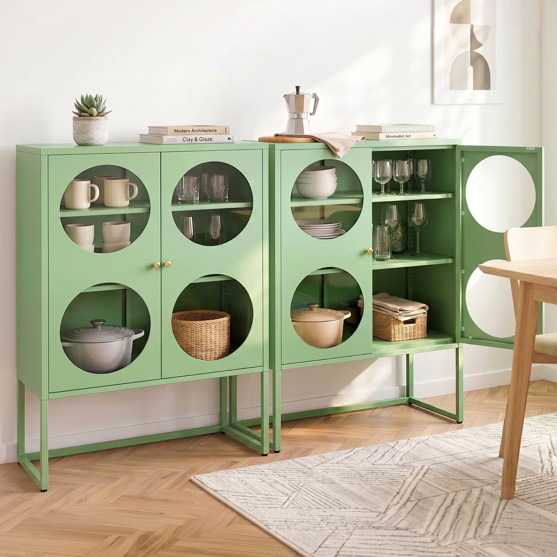 Artiss 2x Buffet Sideboard Cabinet ELLA Cupboard Storage Glass Doors Metal Green Awezingly