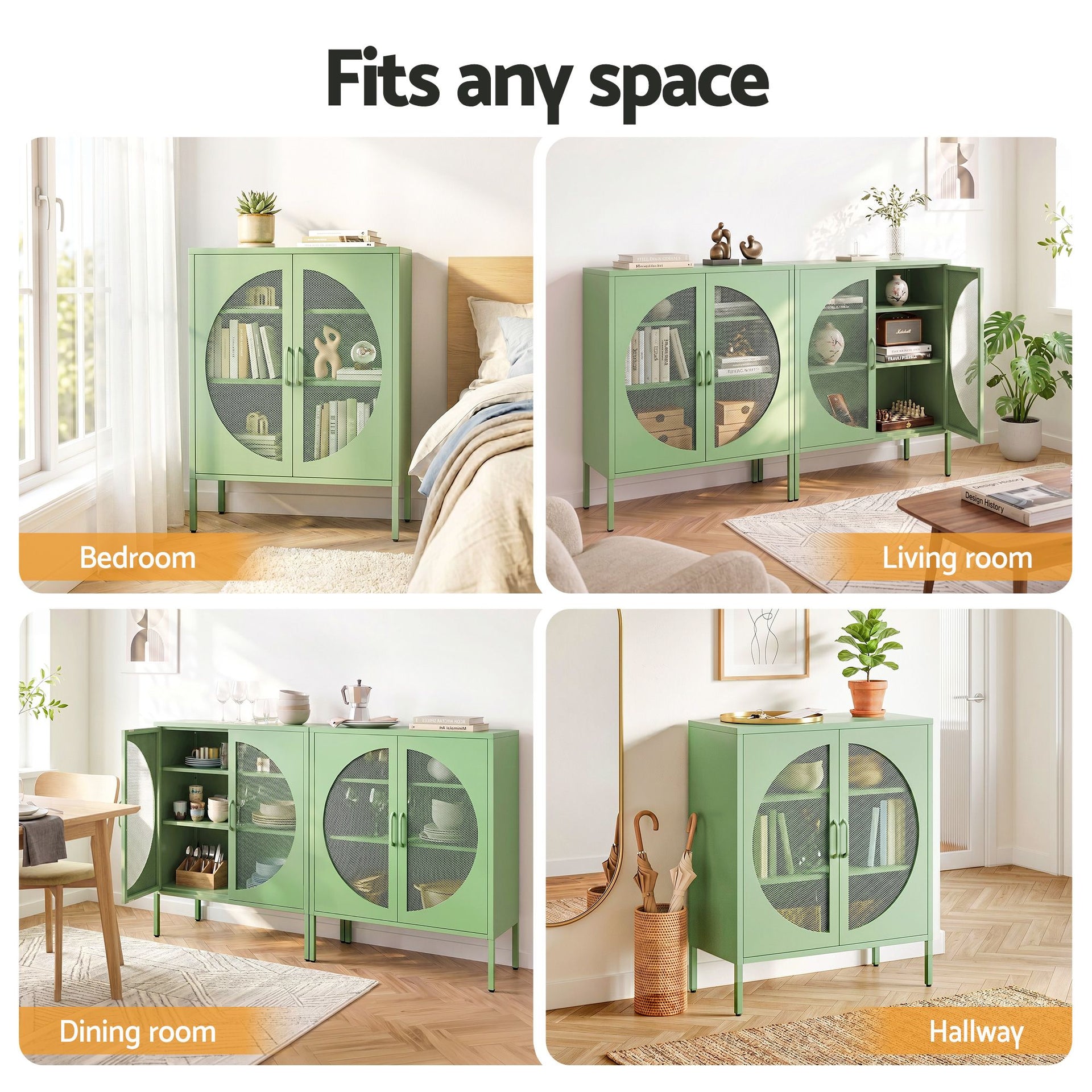 Artiss 2x Buffet Sideboard Cabinet ELSA Cupboard Storage Mesh Doors Metal Green Awezingly