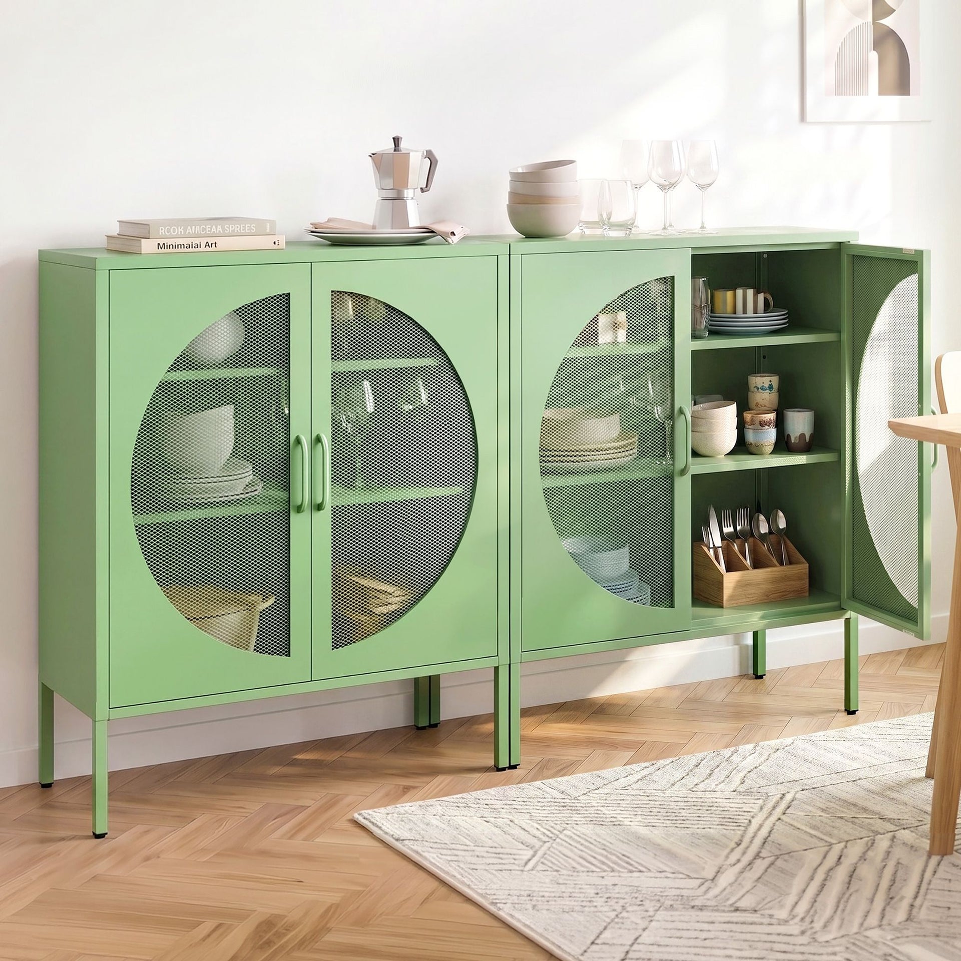 Artiss 2x Buffet Sideboard Cabinet ELSA Cupboard Storage Mesh Doors Metal Green Awezingly