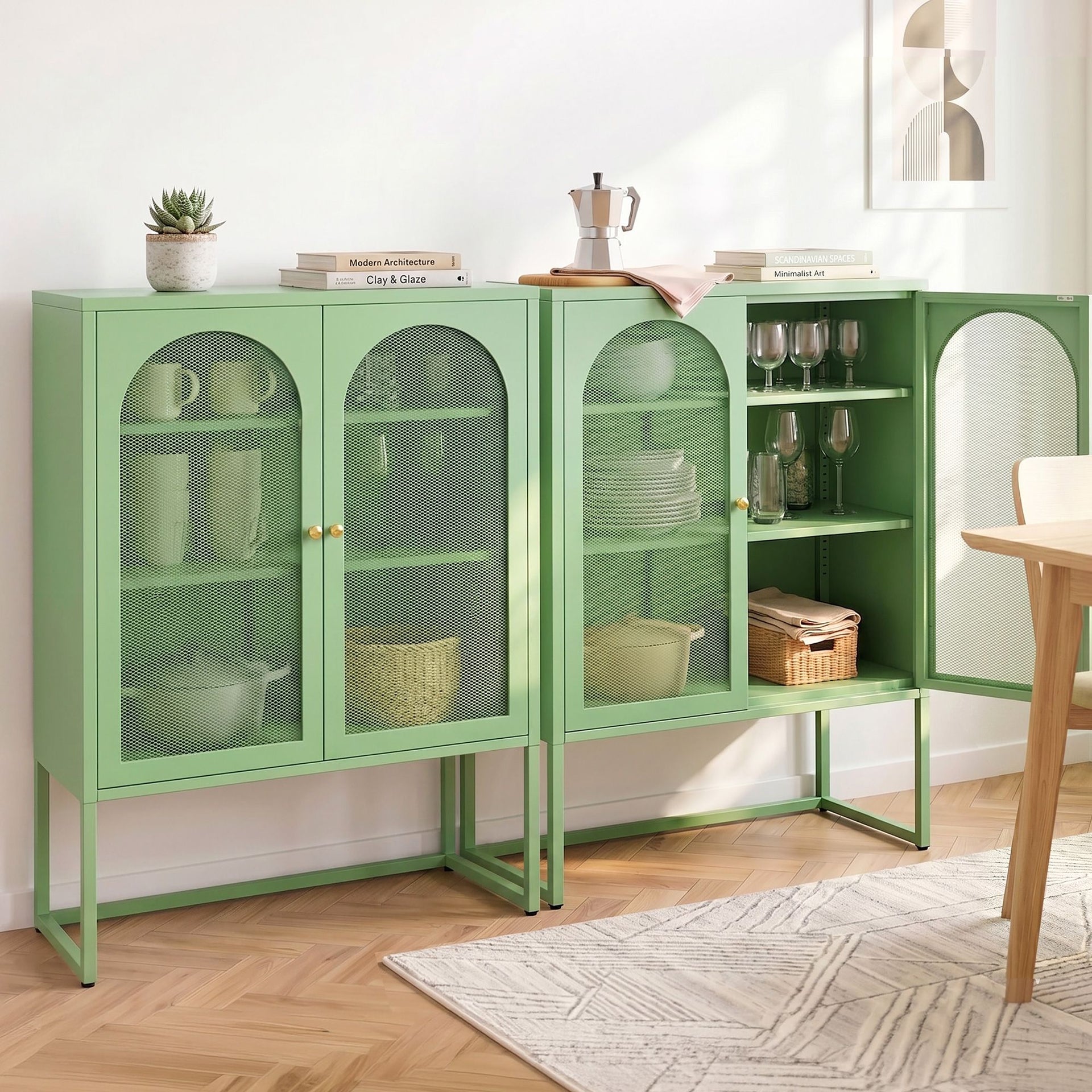 Artiss 2x Buffet Sideboard Cabinet ELMA Cupboard Storage Mesh Doors Metal Green Awezingly