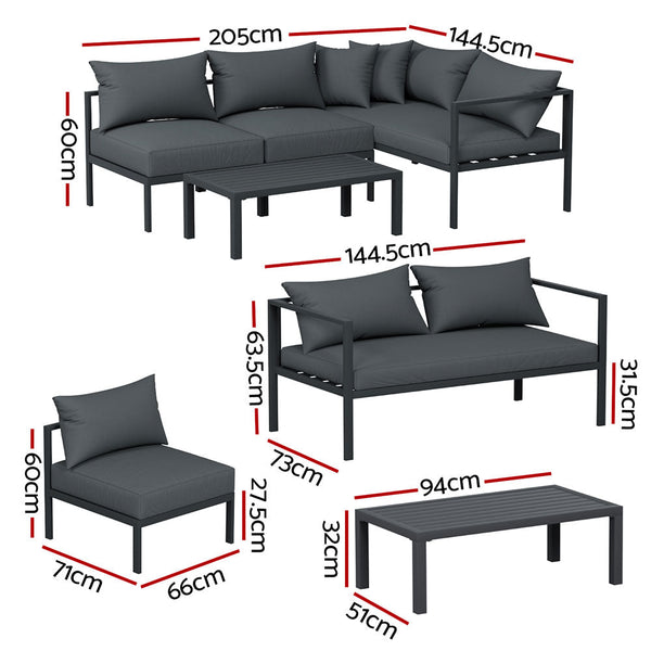 Gardeon 4 Seater Outdoor Sofa Set Aluminium Patio Furniture Setting 4PC Charcoal Gardeon