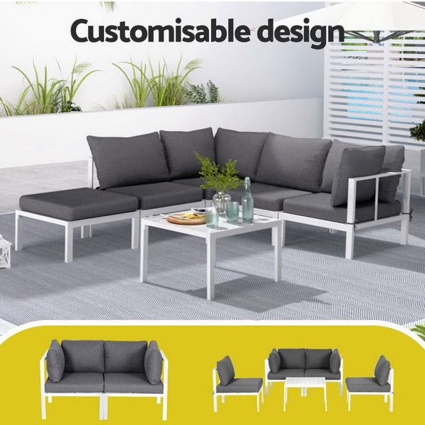 Gardeon 6PCS Outdoor Sofa Set Aluminium Table and Chairs Lounge Patio Furniture Awezingly