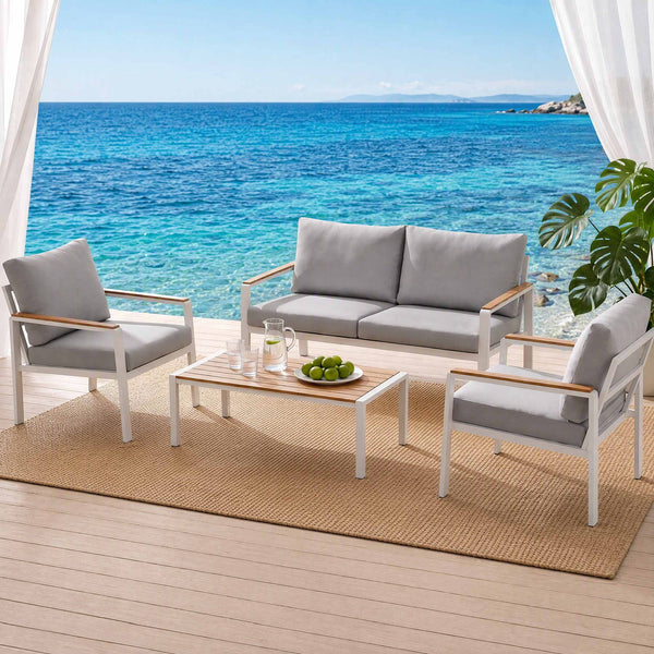 Gardeon 4-Piece Outdoor Sofa Set Aluminum Frame table and Chairs White Awezingly