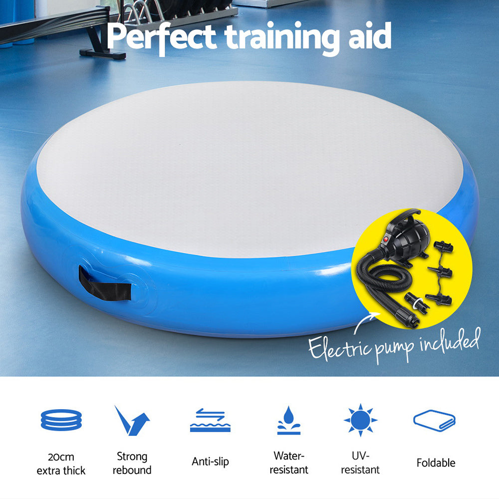 Everfit 1m Air Track Spot Inflatable Gymnastics Tumbling Mat Round W/ Pump Blue Everfit