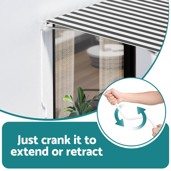 Instahut Retractable Folding Arm Awning Manual Sunshade 2.5Mx2M Grey White Awezingly