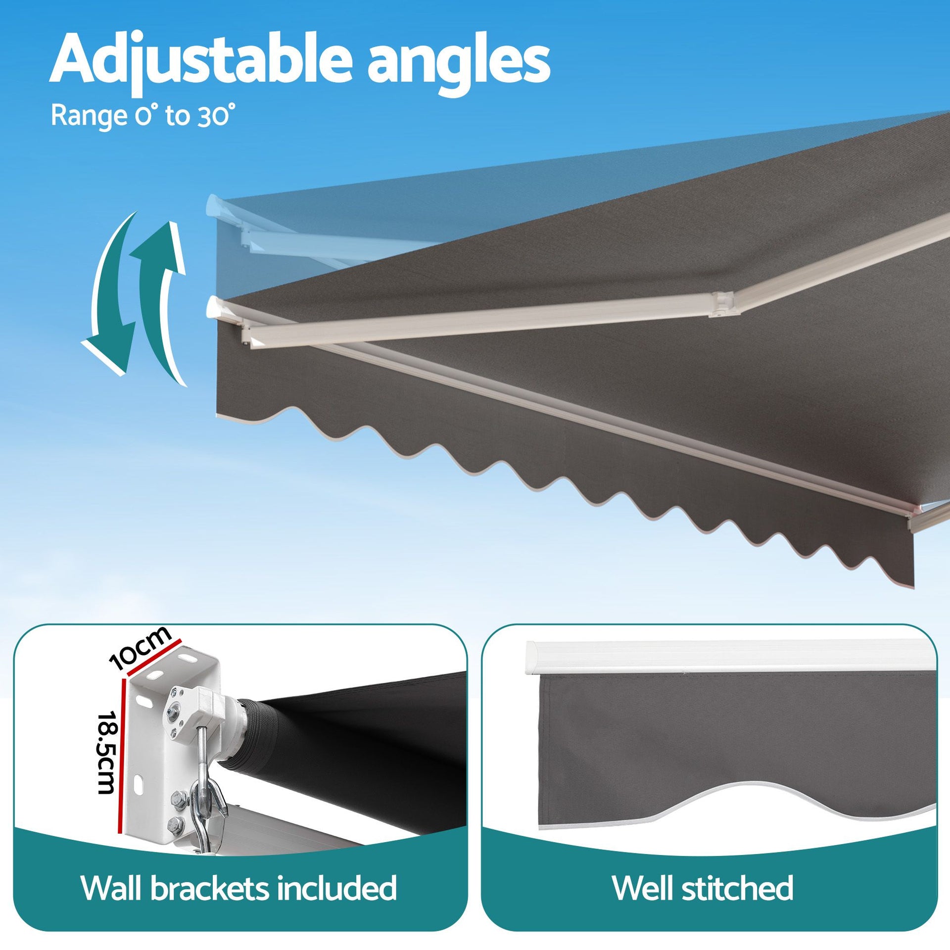 Instahut Retractable Folding Arm Awning Manual Sunshade 3.5M X 3M Grey instahut