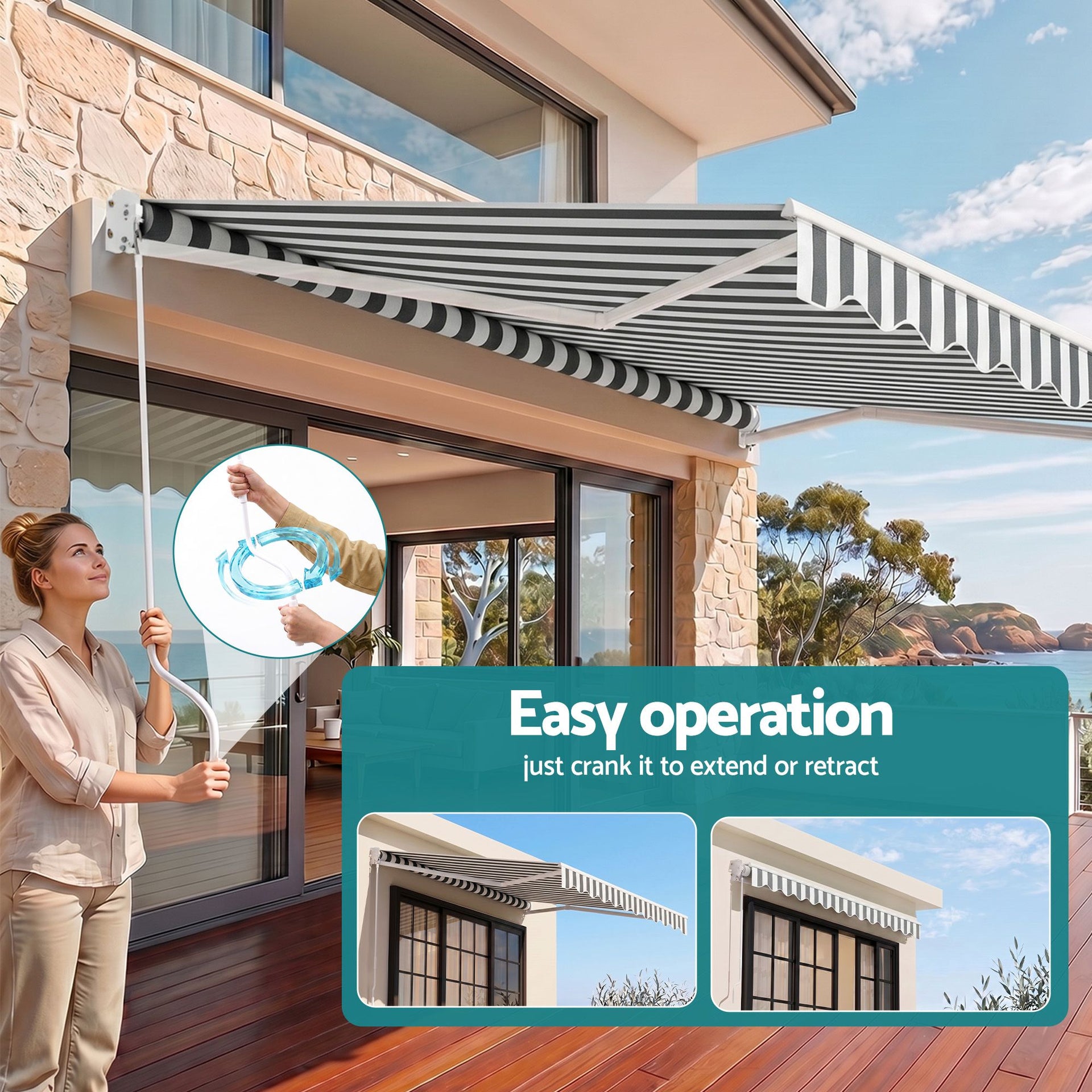 Instahut Retractable Folding Arm Awning Manual Sunshade 4.5Mx3M Grey White instahut