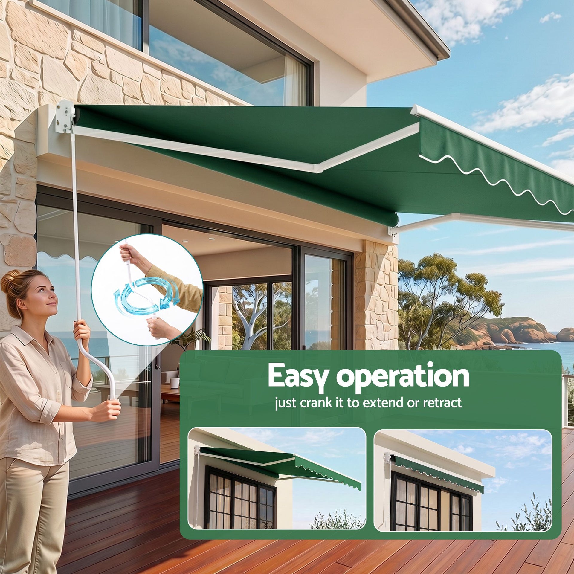 Instahut Retractable Folding Arm Awning Manual Sunshade 5Mx3M Dark Green instahut
