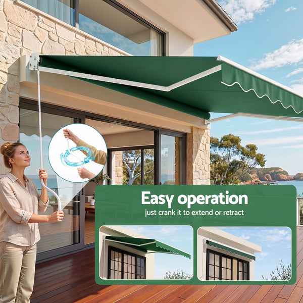 Instahut Retractable Folding Arm Awning Manual Sunshade 5Mx3M Dark Green instahut