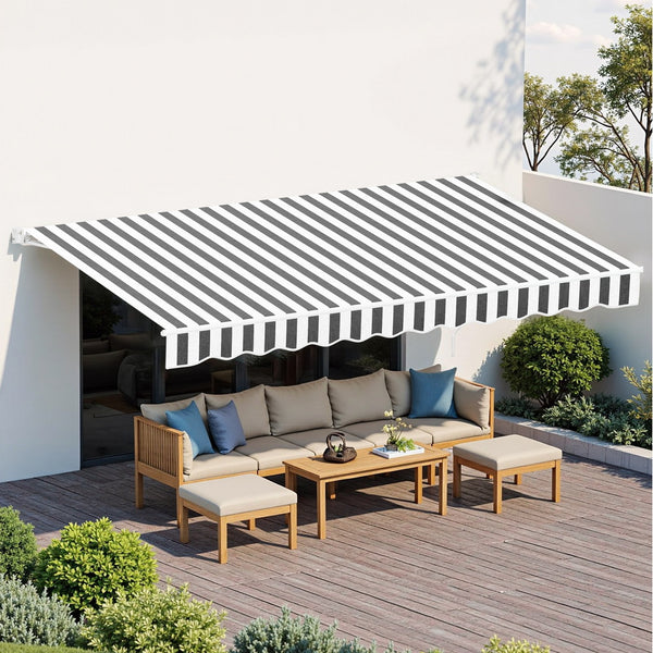 Instahut Retractable Folding Arm Awning Manual Sunshade 5Mx3M Grey White Awezingly