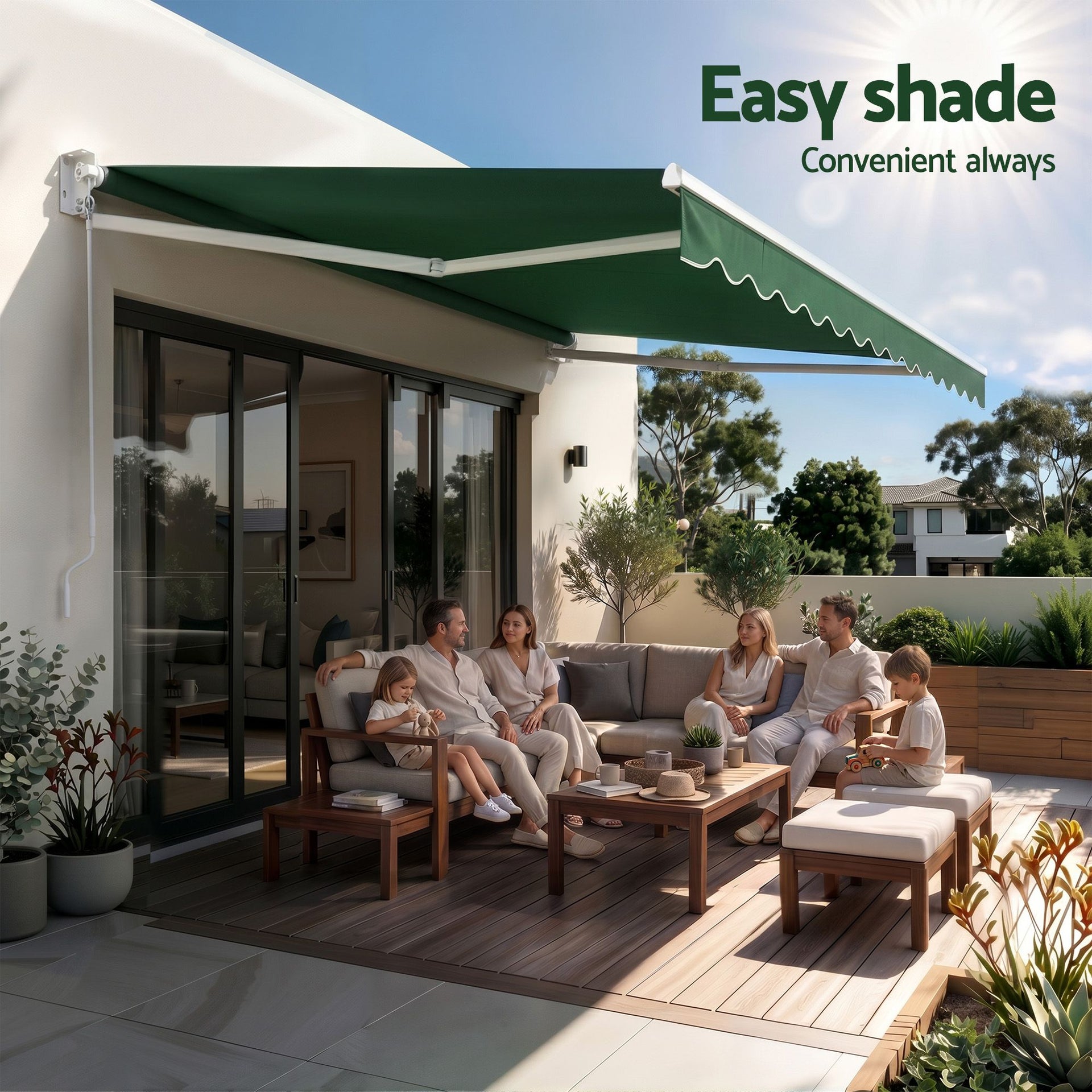 Instahut Retractable Folding Arm Awning Motorised Sunshade 5Mx3M Dark Green instahut