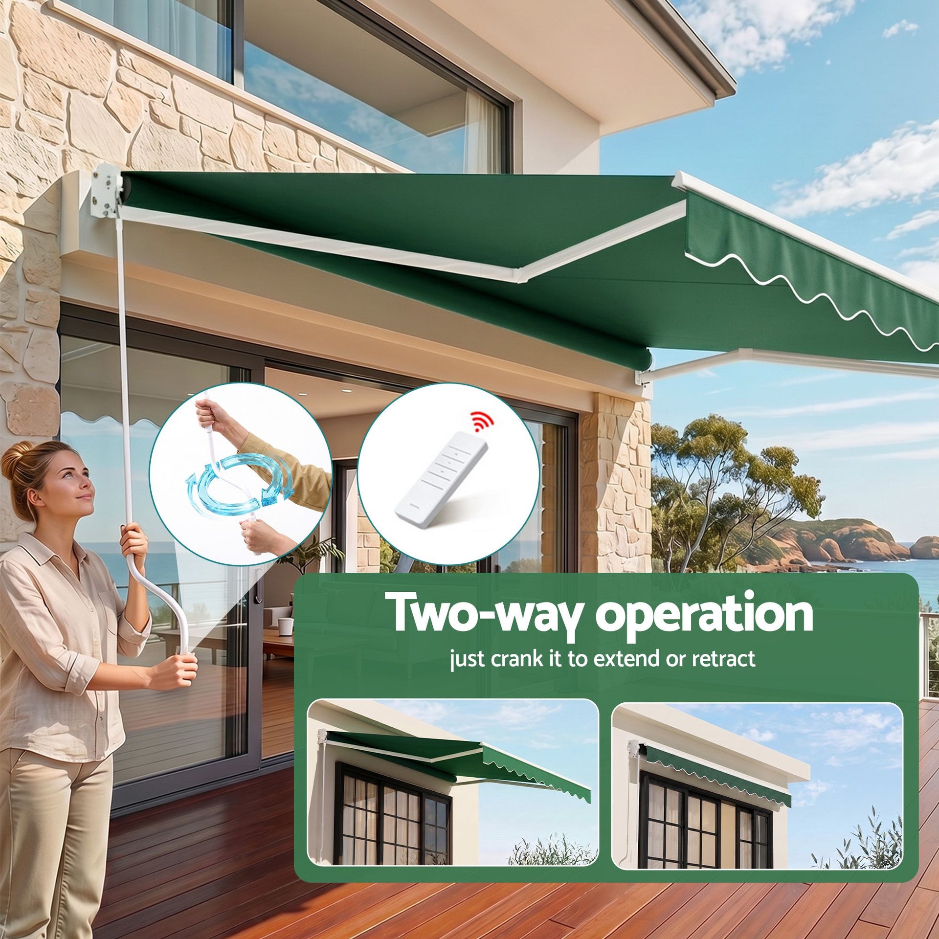Instahut Retractable Folding Arm Awning Motorised Sunshade 5Mx3M Dark Green instahut