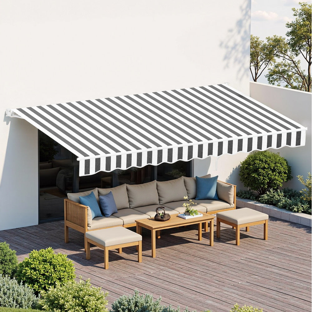 Instahut Retractable Folding Arm Awning Motorised Sunshade 5Mx3M Grey White Awezingly