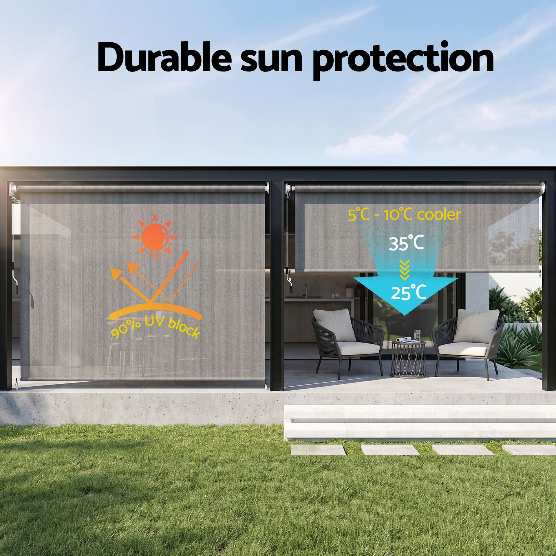 Instahut 3X2.5M HDPE Straight Drop Awning Outdoor Roller Blind Shade Screen Grey Awezingly