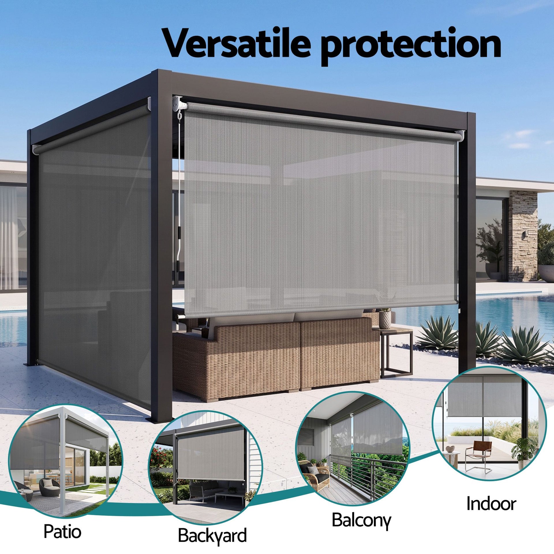 Instahut 3X2.5M HDPE Straight Drop Awning Outdoor Roller Blind Shade Screen Grey Awezingly