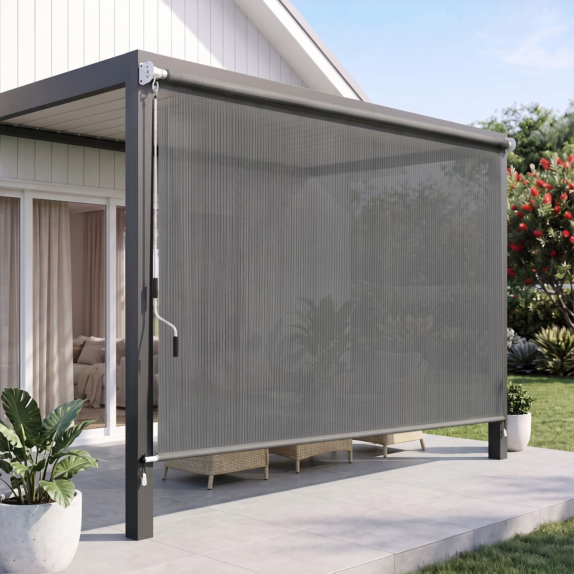 Instahut 3X2.5M HDPE Straight Drop Awning Outdoor Roller Blind Shade Screen Grey Awezingly