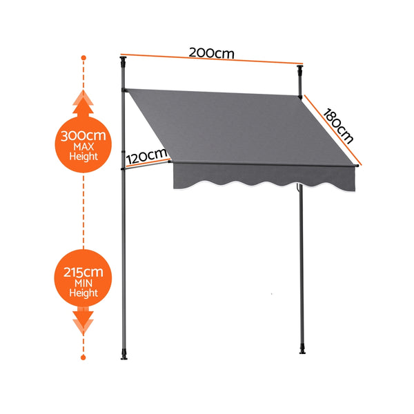 Instahut Window Fixed Pivot Arm Awning Outdoor Door Canopy 2X1.8M Grey Awezingly