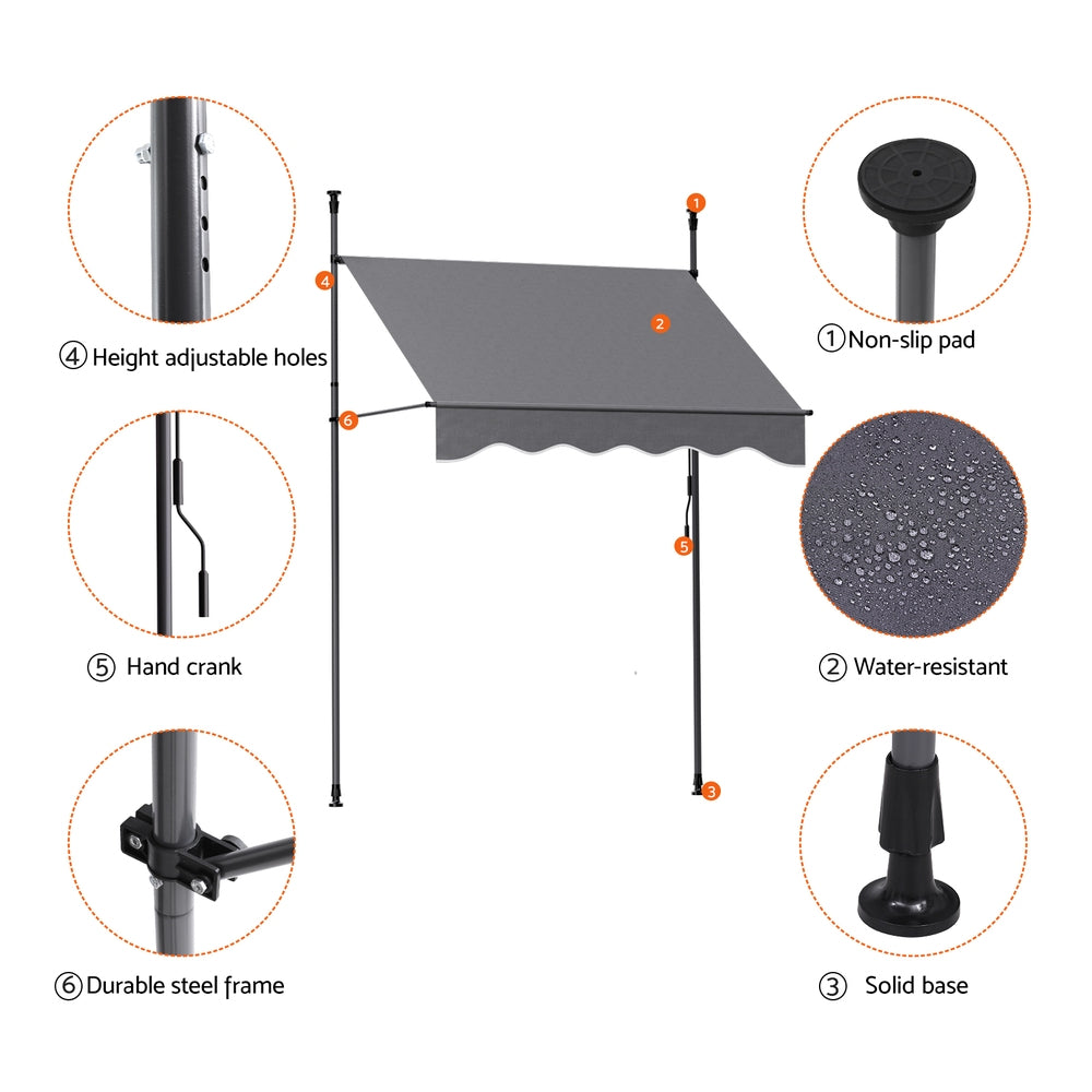 Instahut Window Fixed Pivot Arm Awning Outdoor Door Canopy 2X1.8M Grey Awezingly