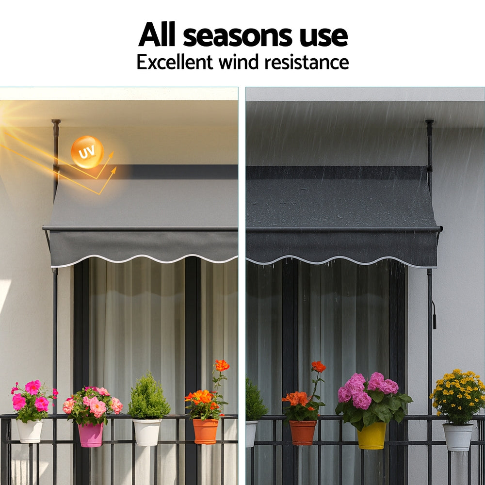 Instahut Window Fixed Pivot Arm Awning Outdoor Door Canopy 2X1.8M Grey Awezingly