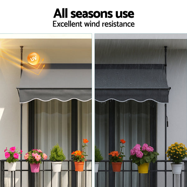 Instahut Window Fixed Pivot Arm Awning Outdoor Door Canopy 2X1.8M Grey Awezingly