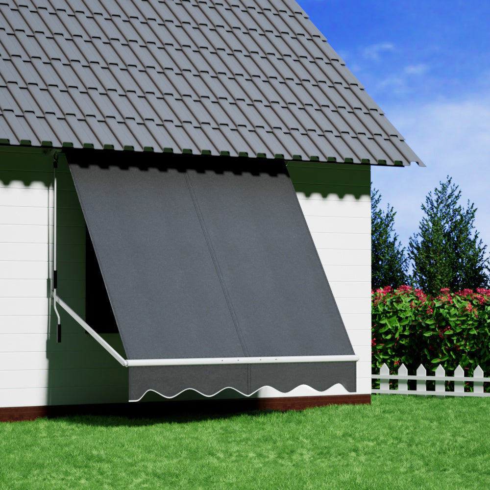 Instahut Retractable Fixed Pivot Arm Window Awning Outdoor Blinds 2.1X2.1M Grey Awezingly