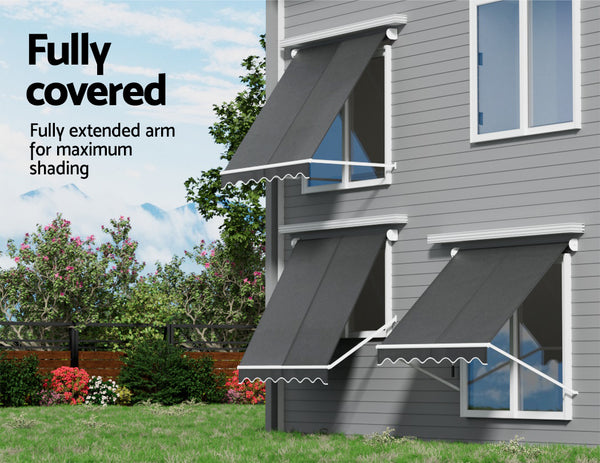 Instahut Retractable Fixed Pivot Arm Window Awning Outdoor Blinds 2.1X2.1M Grey Awezingly