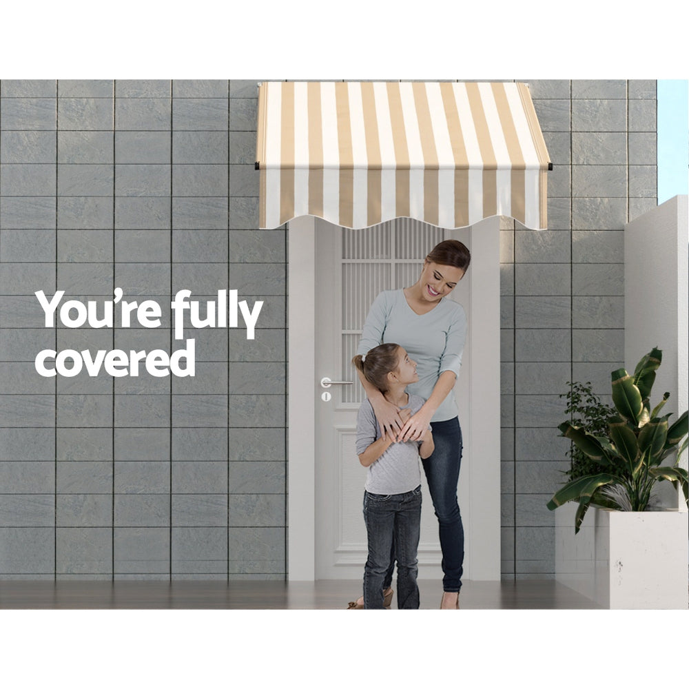 Instahut Window Door Awning 1mx1m Beige White Polyester Fabric Aluminum Frame Awezingly