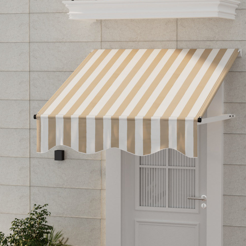 Instahut Window Door Awning 1mx1m Beige White Polyester Fabric Aluminum Frame Awezingly